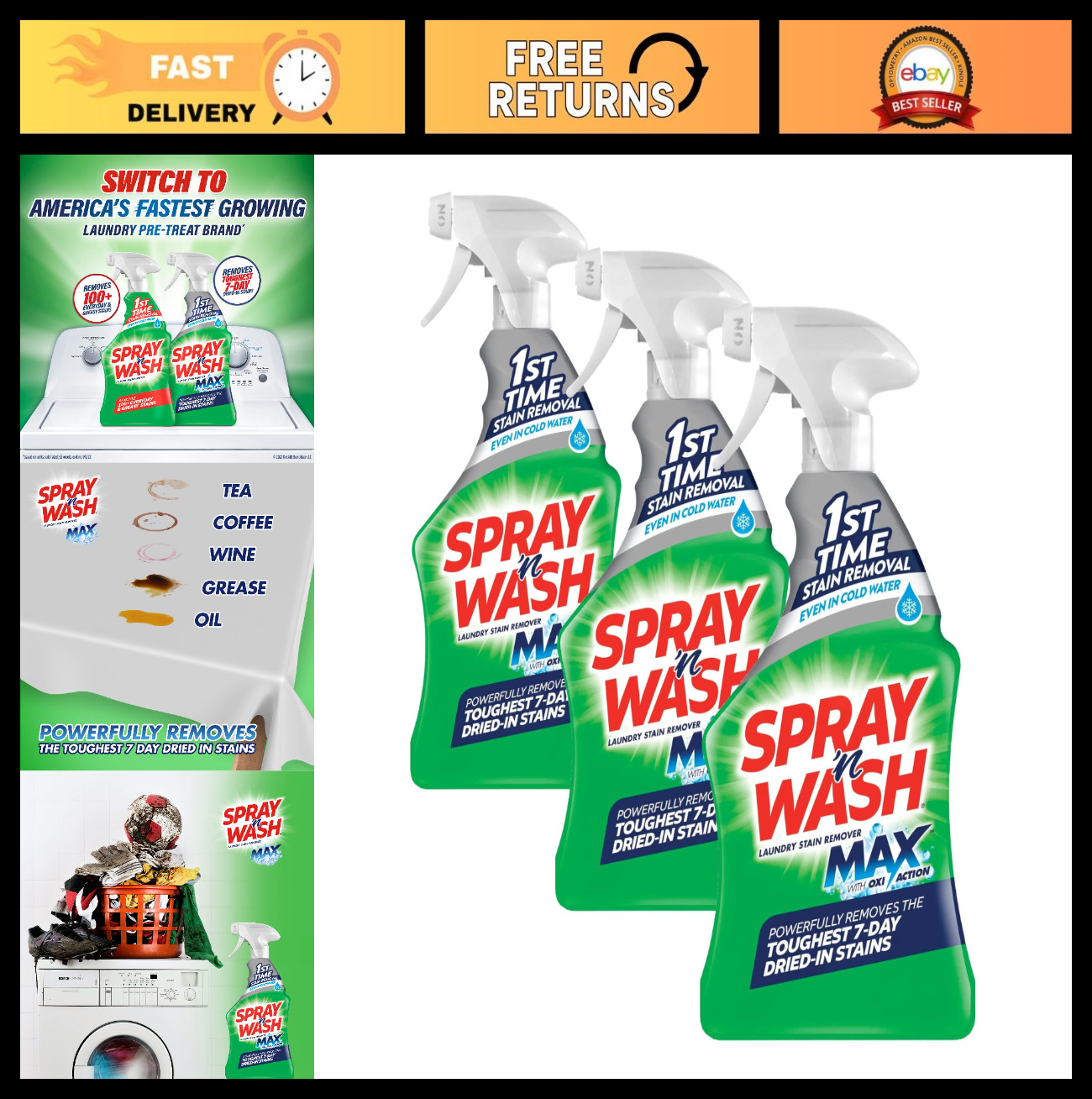 Max Stain Remover Spray – Laundry Pre-Treat for Tough Stains, 16oz (3-Pack)