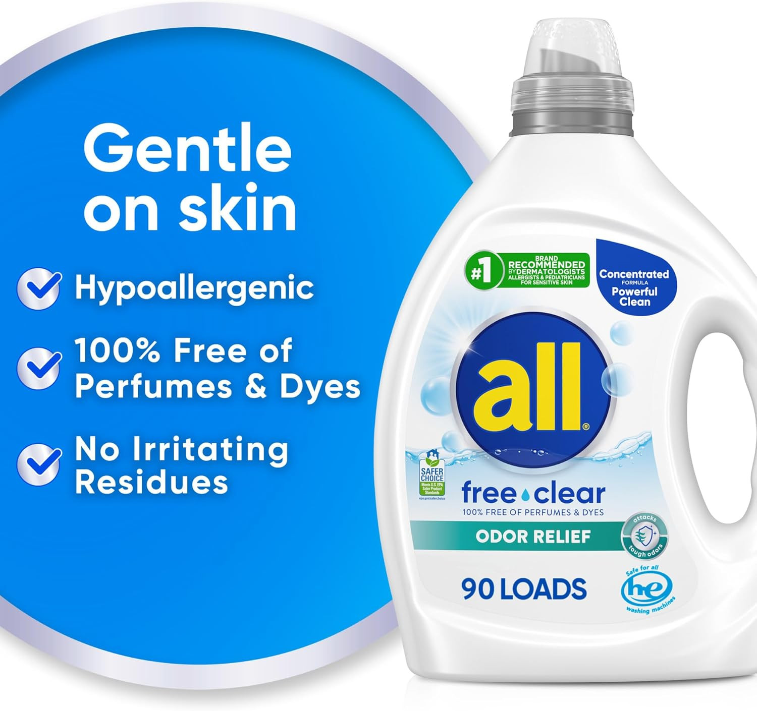 All Laundry Detergent Liquid, Free Clear for Sensitive Skin, Odor Relief, Unscen