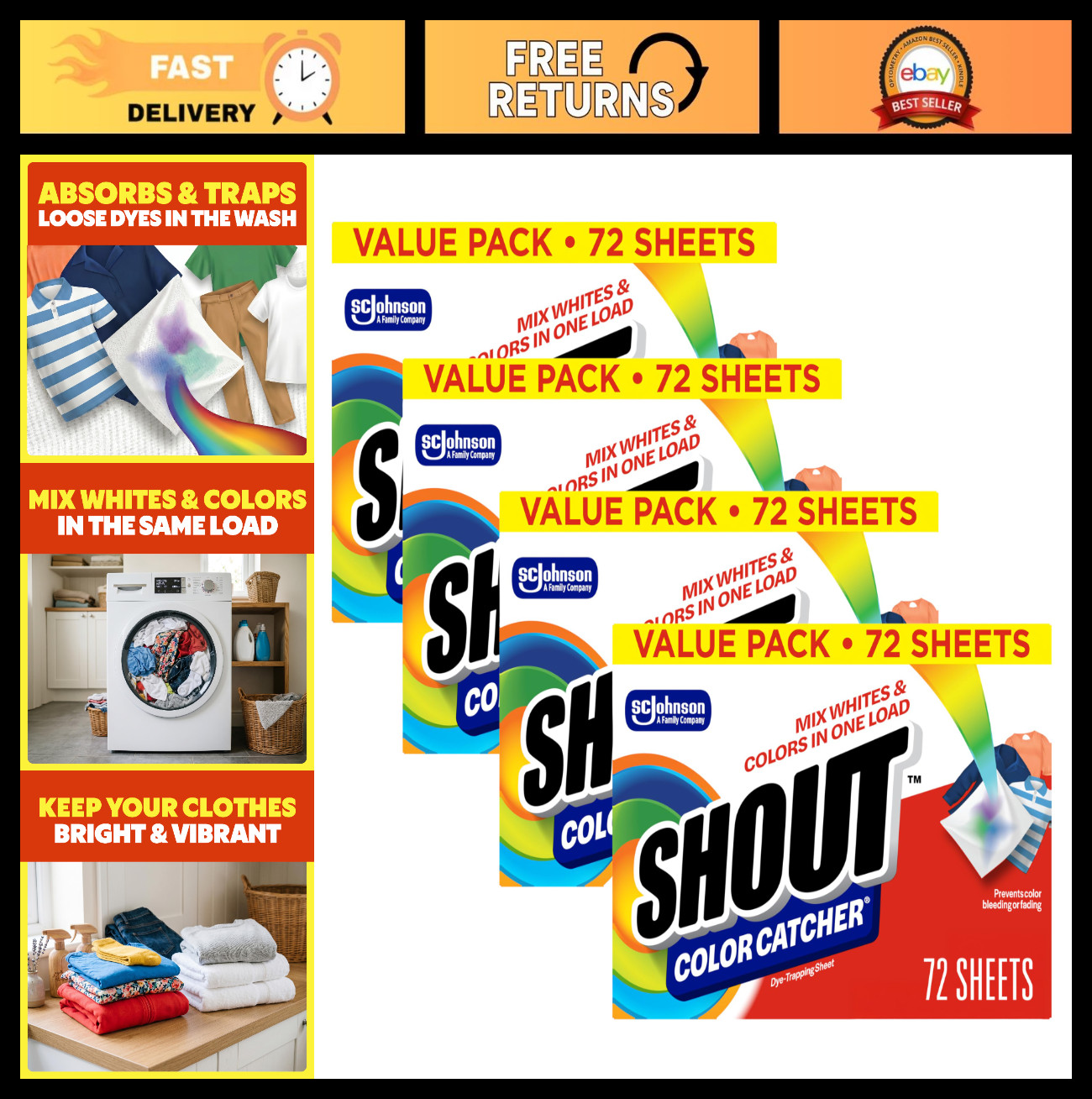 Color Catcher Laundry Sheets – Prevent Color Runs, Mixed Washes, 288 Total Sheet