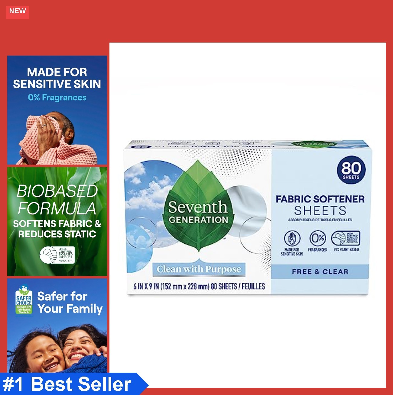 Dryer Sheets 80 Count Unscented Hypoallergenic Plant Based Static Control