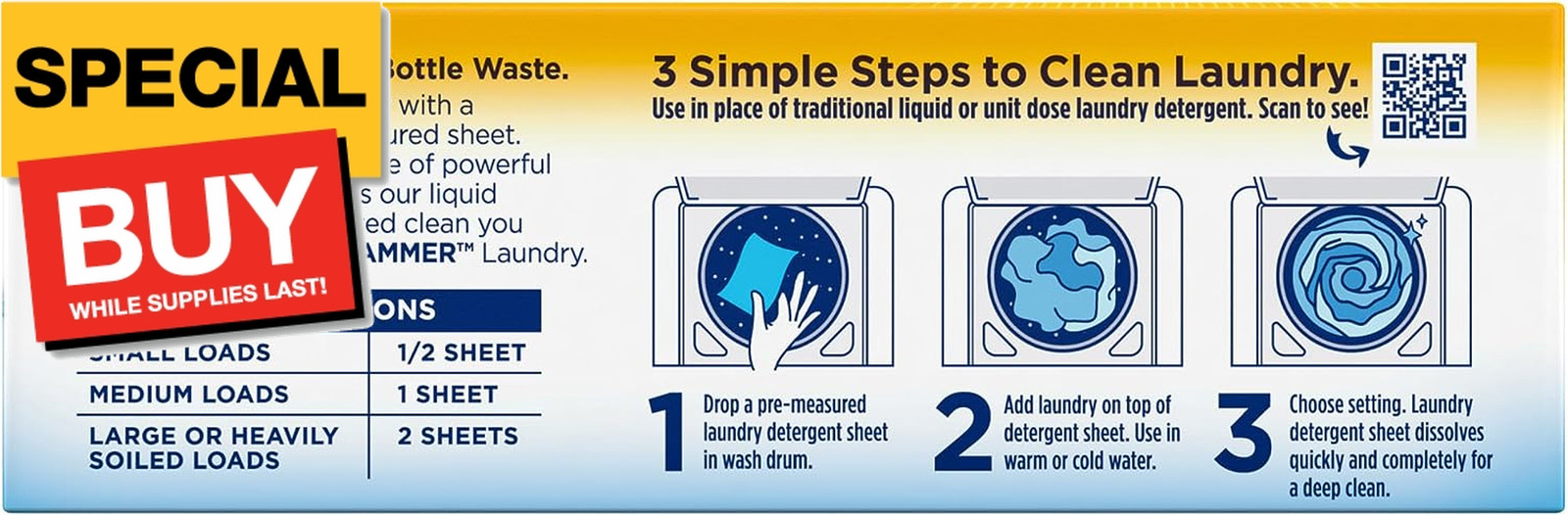 Power Sheets Laundry Detergent, Fresh Linen 50ct, up to 100 Small Loads (Packagi