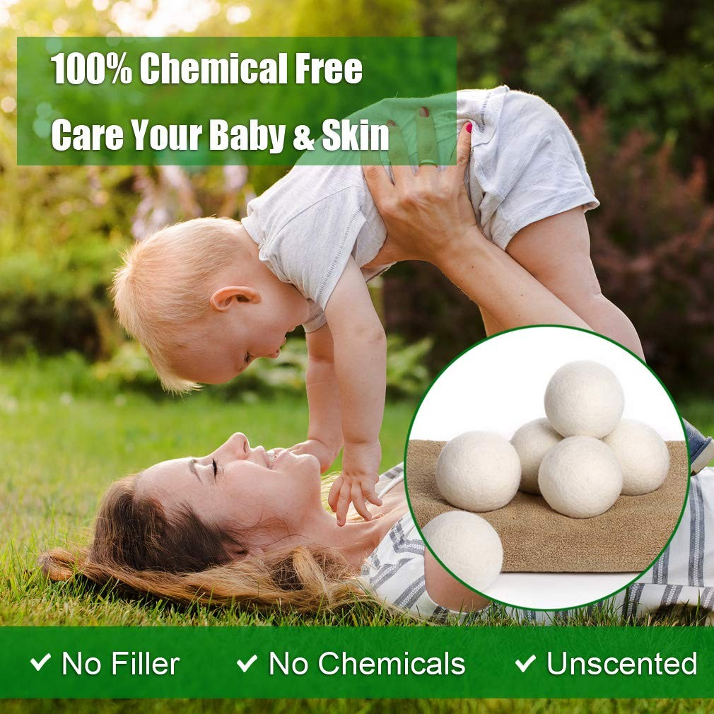 Wool Dryer Balls XL 6 Pack 2.95″, 100% New Zealand Wool Organic Fabric Softener