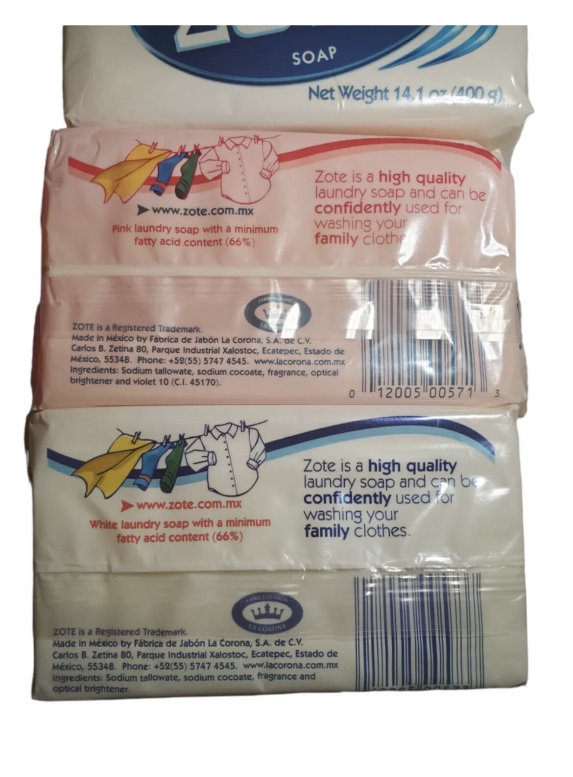 4 PCS PINK or WHITE ZOTE Laundry Bar Soap 14.1 OZ 400g EACH