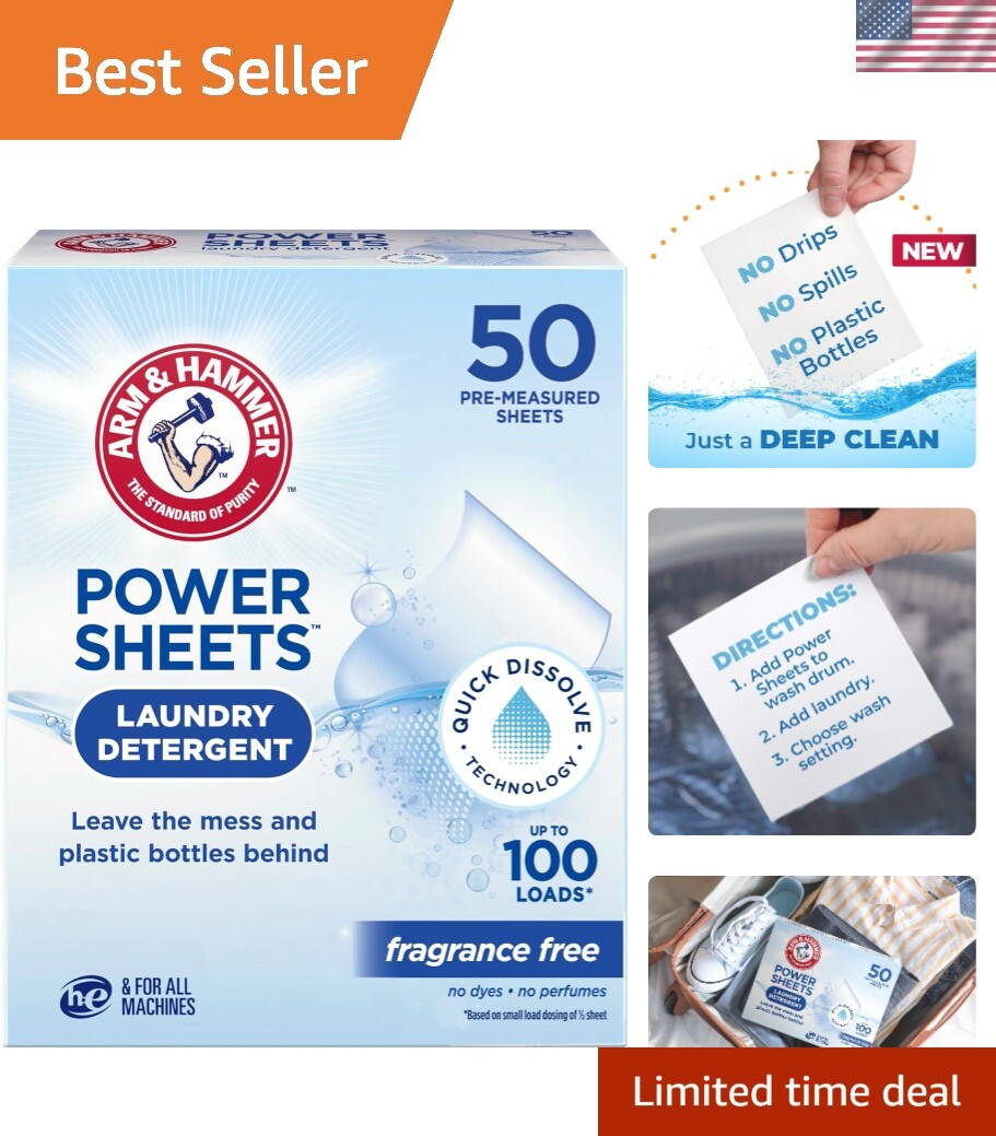 Power Sheets Laundry Detergent – Fragrance-Free, 50ct Pack for HE Machines