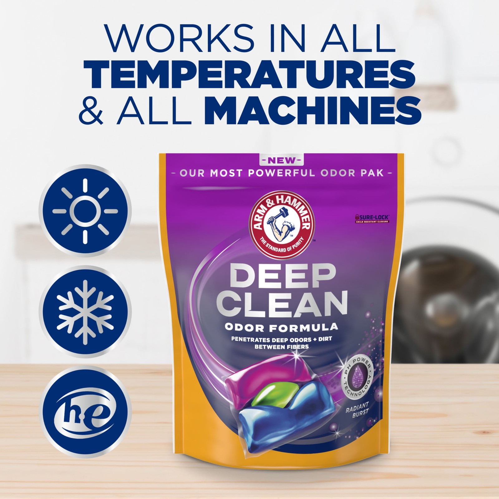 (4 pack)Deep Clean Odor Formula Detergent Power Paks, Radiant Burst, 32 Count