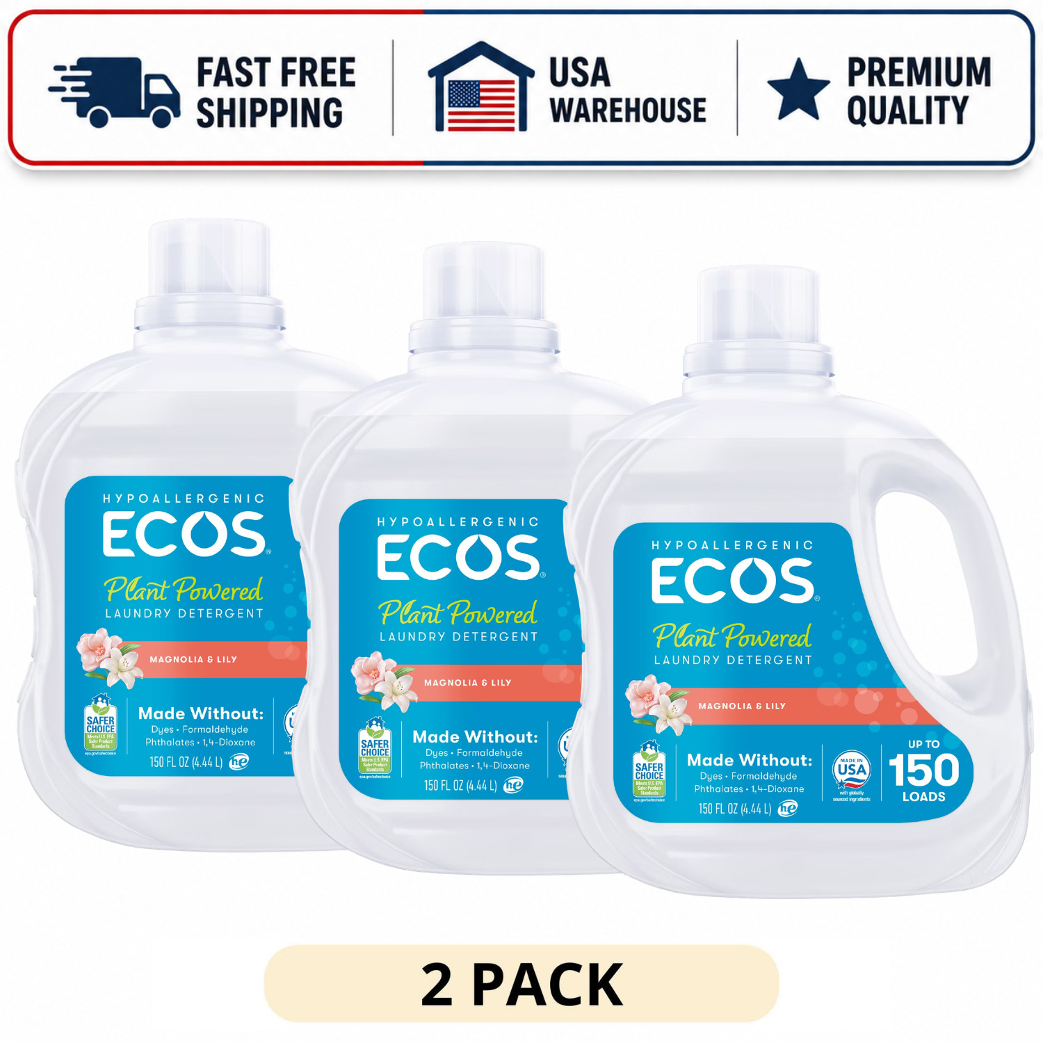 (3 Pack) ECOS Hypoallergenic Laundry Detergent Magnolia Lily 150 fl oz 150 Loads