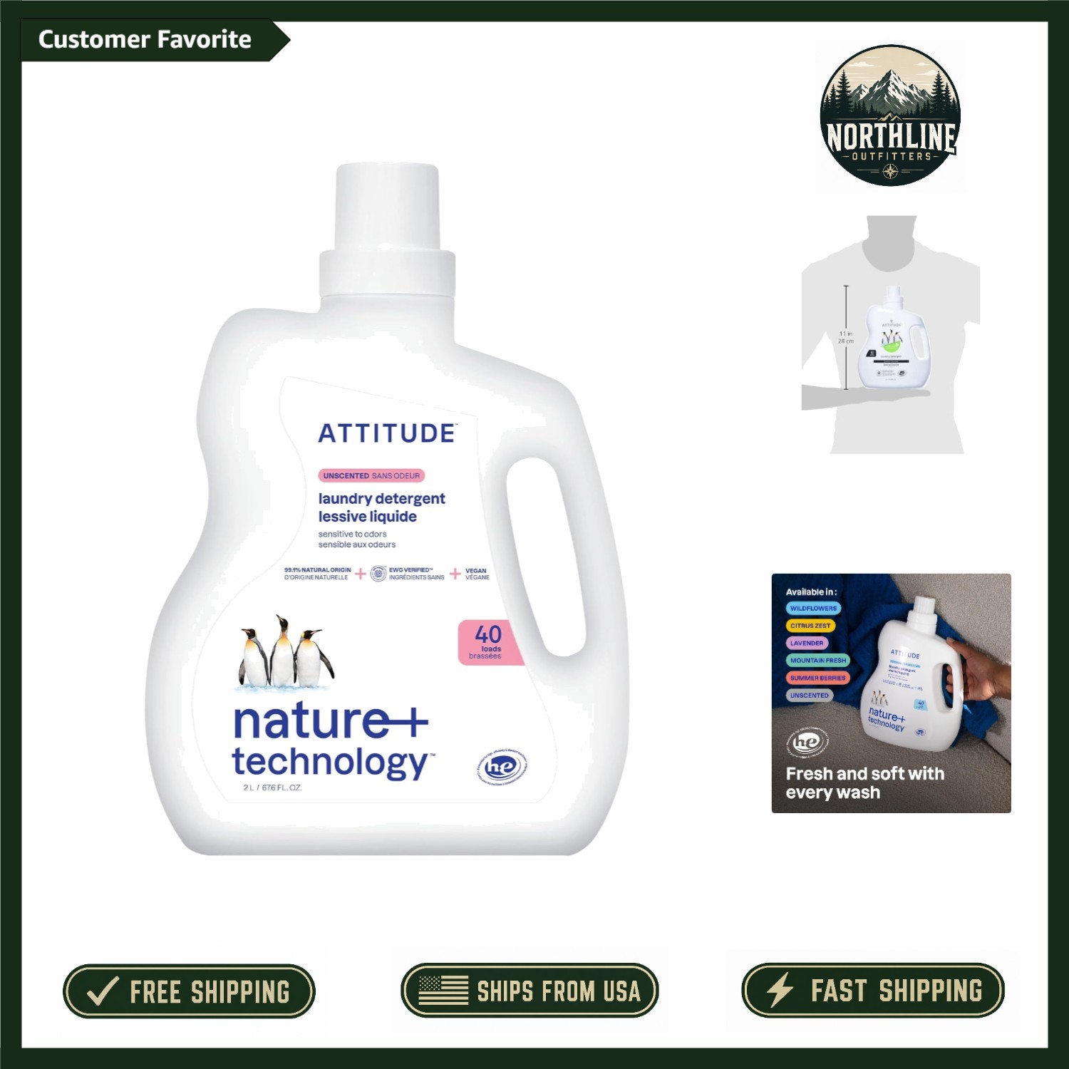 ATTITUDE EWG Verified Liquid Laundry Detergent – 67.6 Fl Oz, Unscented &