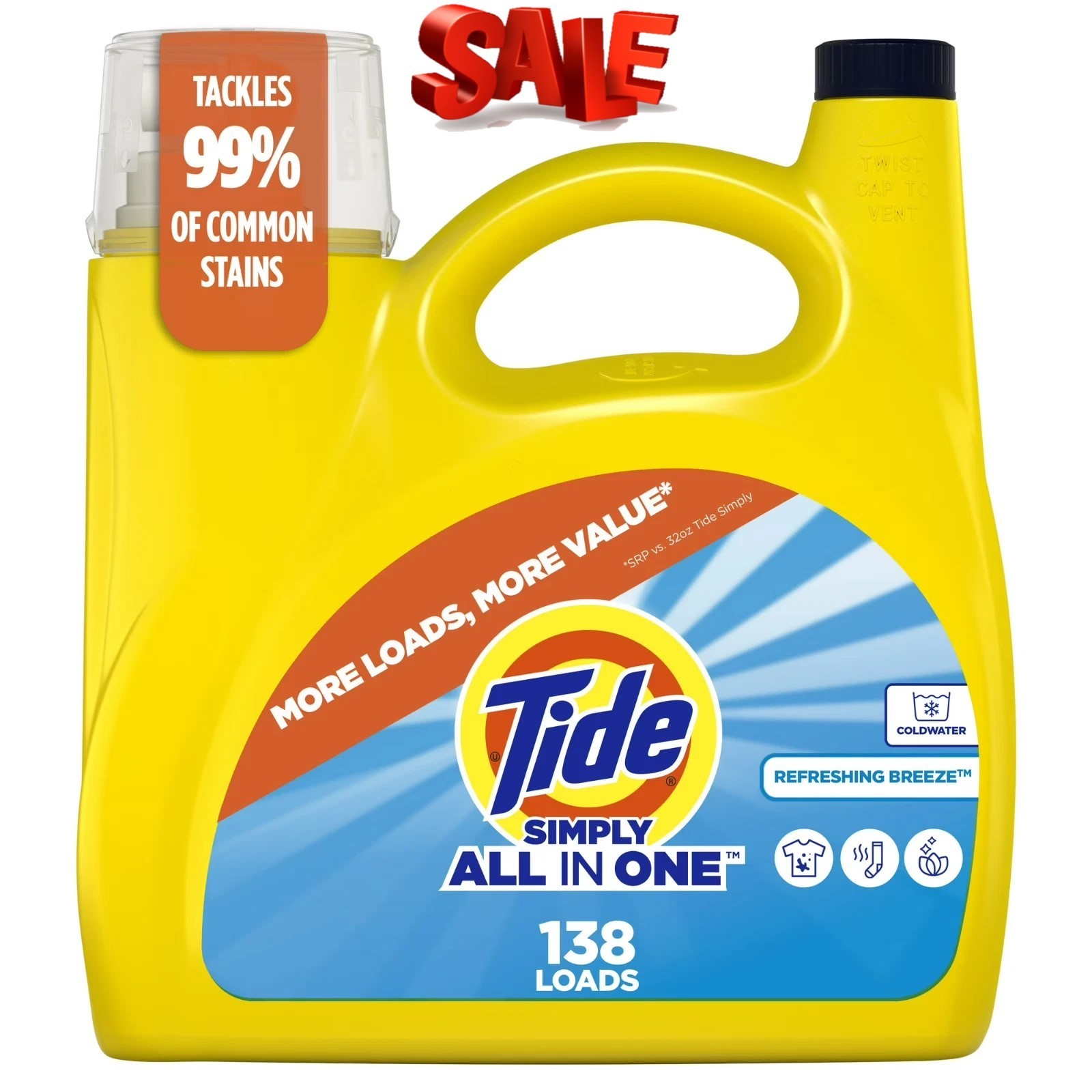 Tide Simply All-in-One Liquid Detergent, Refreshing Breeze, 182 oz, 138 Loads