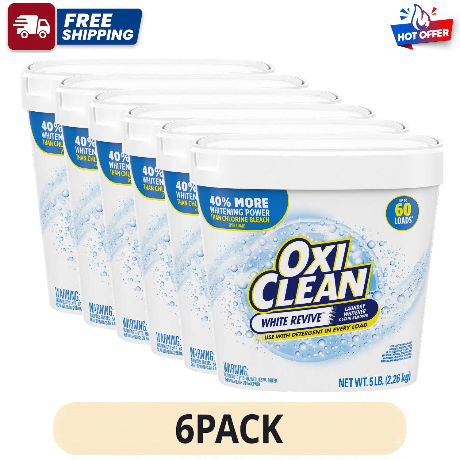 6 Pack OxiClean White Revive Laundry Whitener Stain Remover Powder 5 lb