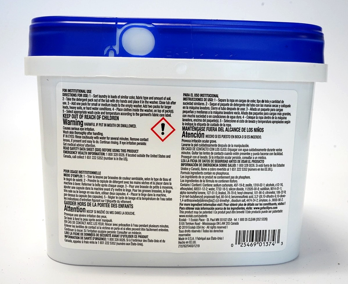 Box of 2 Ecolab 6101795 Facilpro laundry detergent packs 60 packs of 0.7 oz