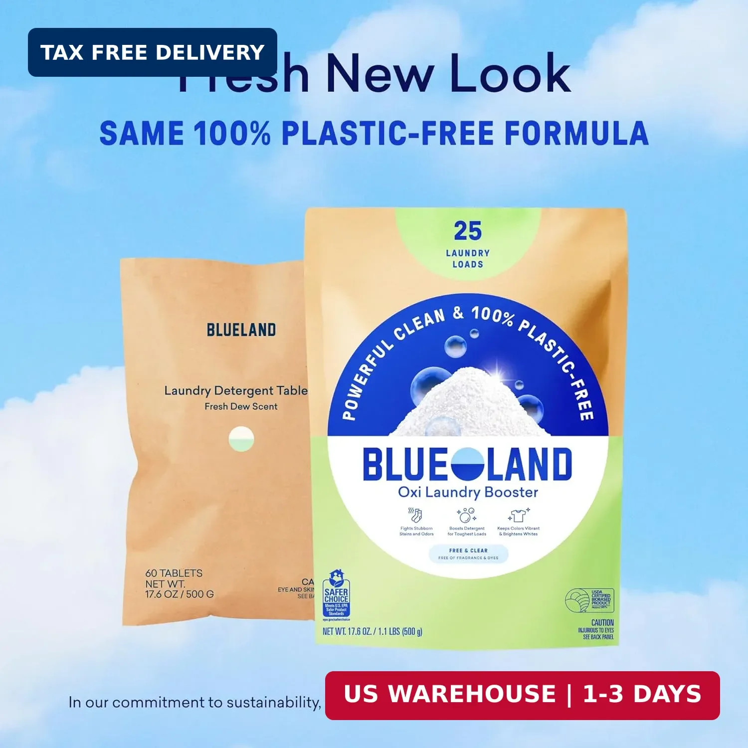 BLUELAND Oxi Laundry Booster Powder, Clear Skies Scent, 17.6 oz | 100% Plastic-f