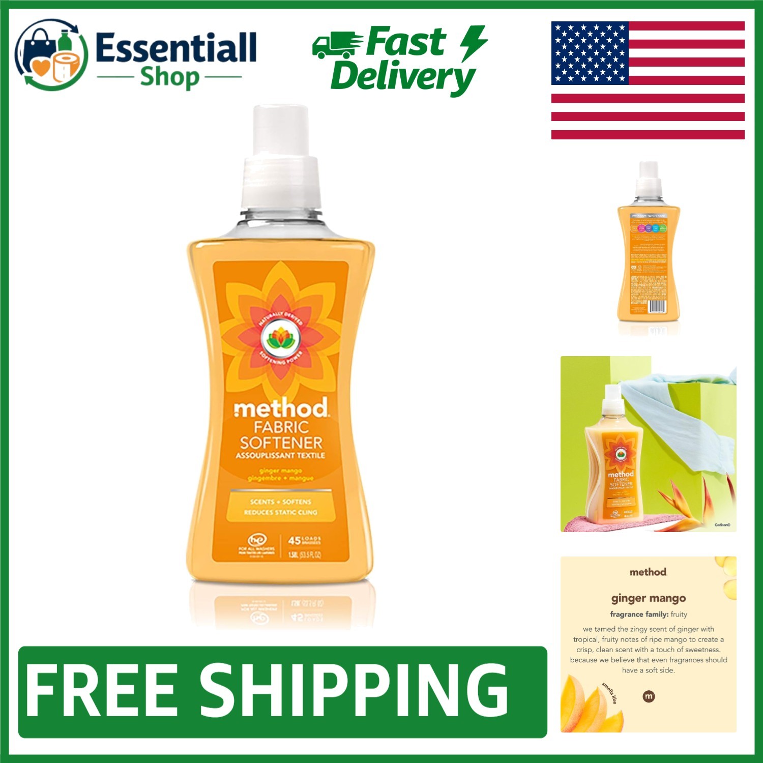 Plant-Based Fabric Softener: Method Ginger Mango 53.5oz, Soft & Fresh Laundry