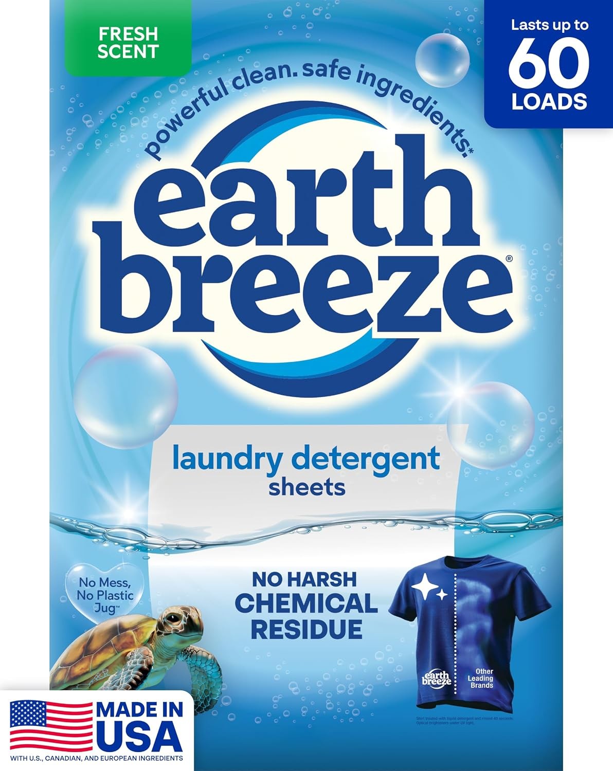 Earth Breeze Laundry Detergent Sheets Fresh Scent 60 Loads | Eco Liquidless Soap