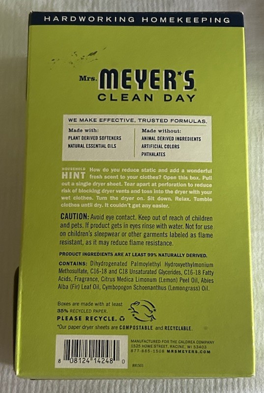 Mrs. Meyer’s Clean Day Dryer Sheets Lemon Verbena 80 Paper Sheets NEW