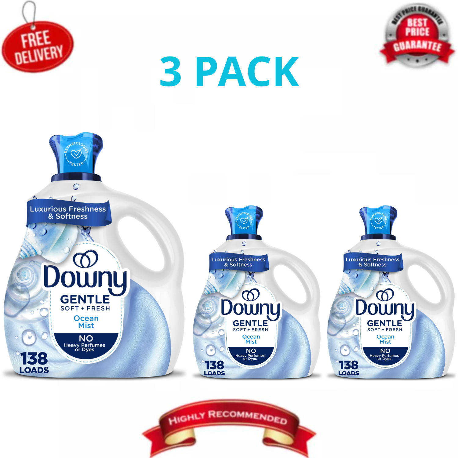 Downy Gentle Soft Fresh Fabric Softener Ocean Mist 93oz 138 Loads, 3 Pack