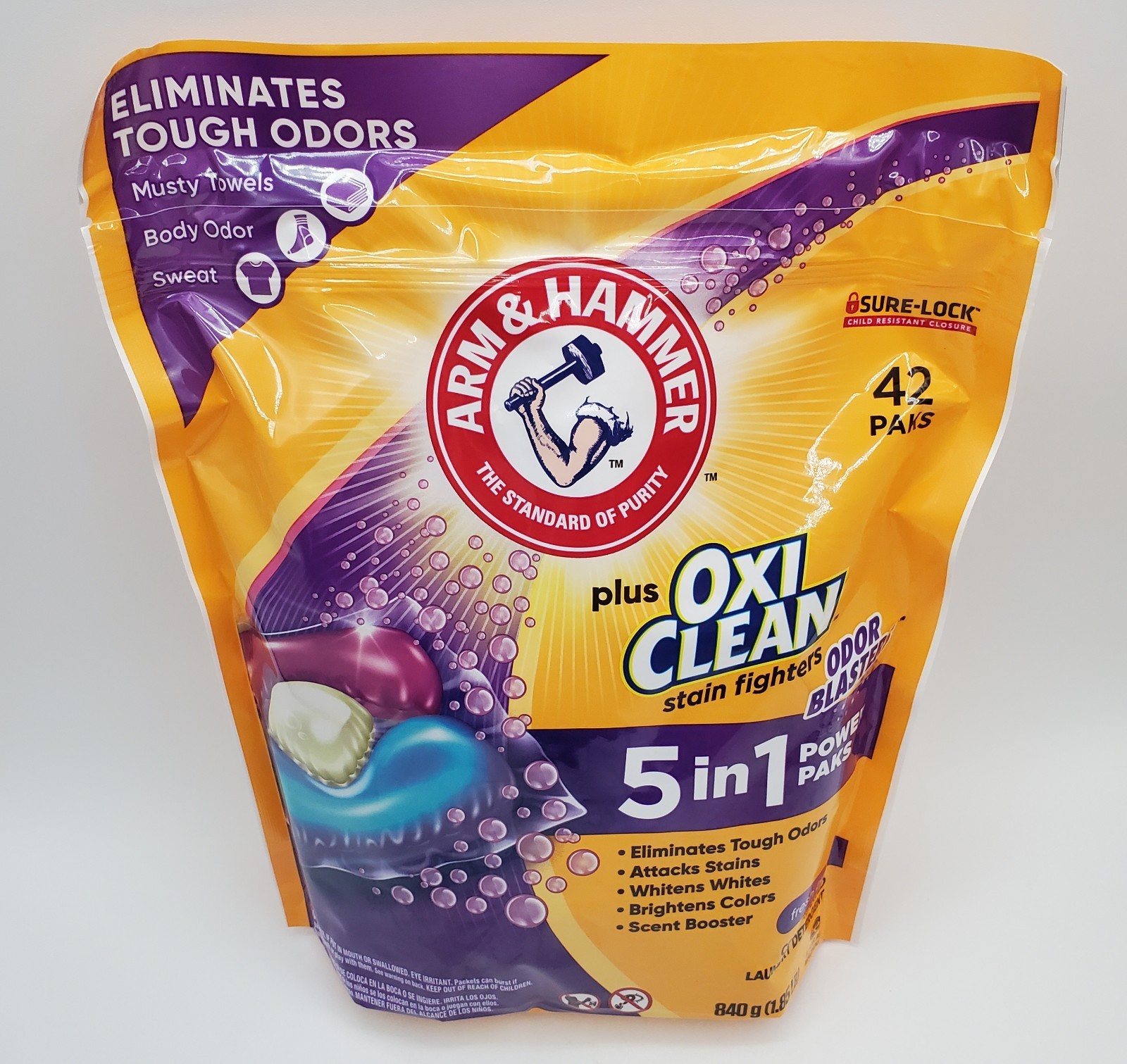 Arm Hammer Plus OxiClean 5 in 1 Power Paks 42ct Laundry Detergent Odor Blaster