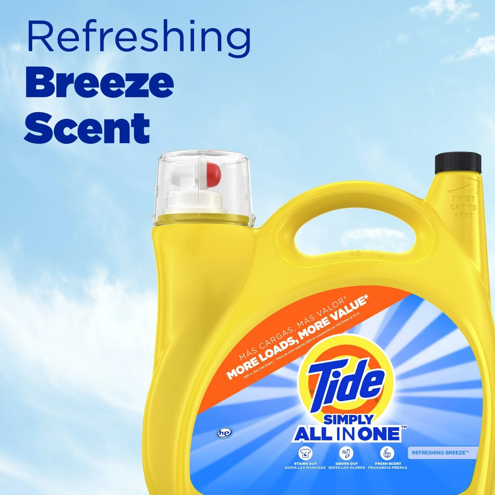 Tide Simply All-in-One Liquid Detergent, Refreshing Breeze, 182 oz, 138 Loads