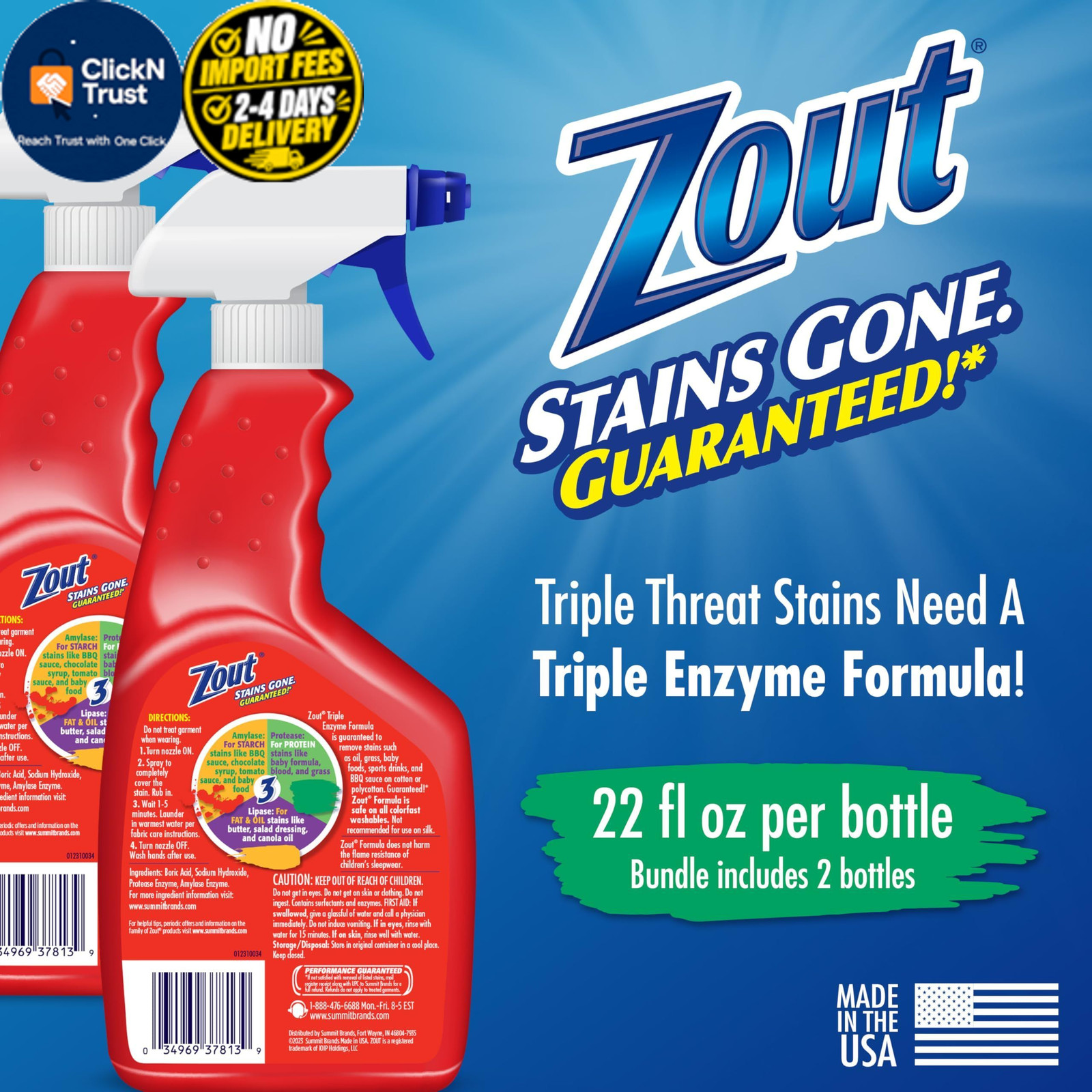 Zout Laundry Stain Remover Spray, Blood, Grass & Oil 22 Fl Oz (Pack of 2)