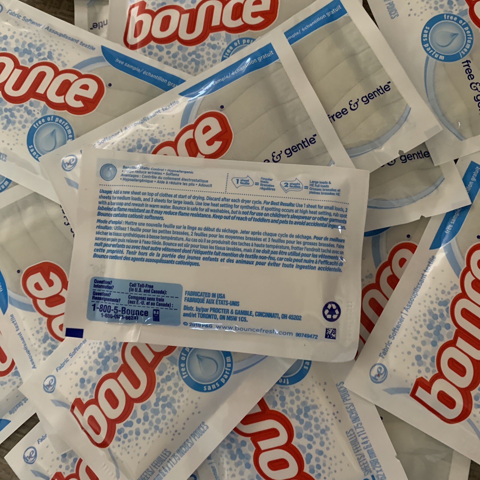 Lot of 20 Bounce Free & Gentle Fabric Softener 2-sheets per pack Travel Size