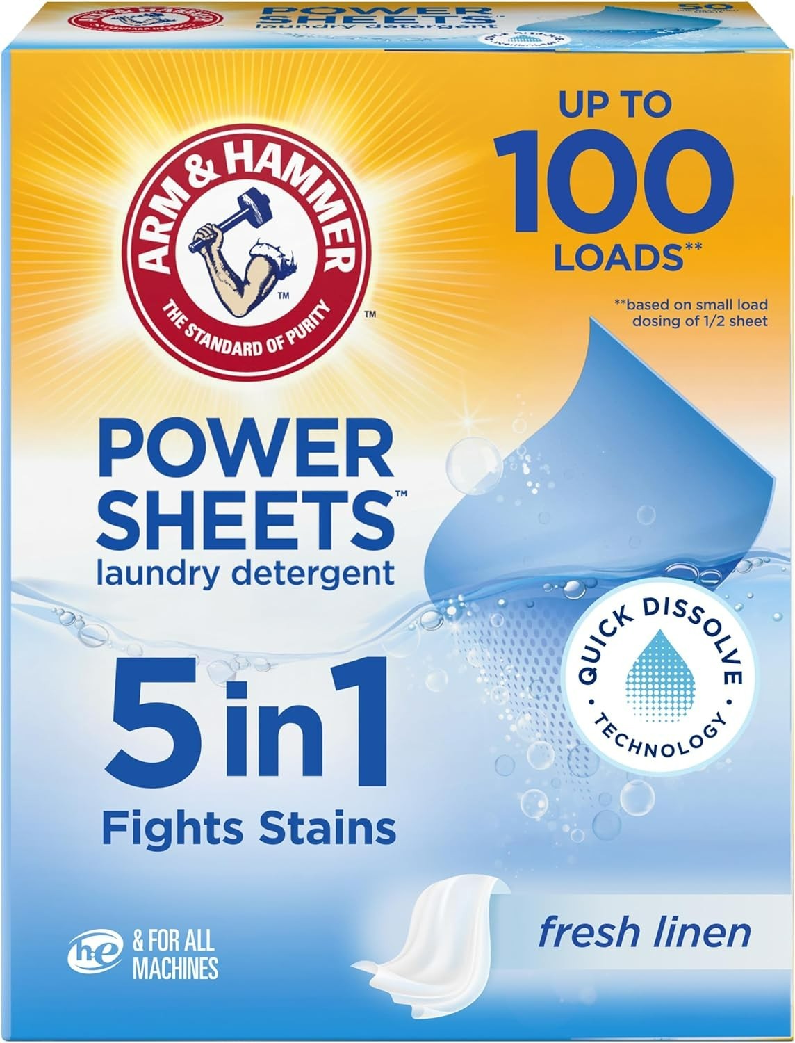 Arm & Hammer Power Sheets Laundry Detergent Fresh Linen 50ct up to 100 Loads
