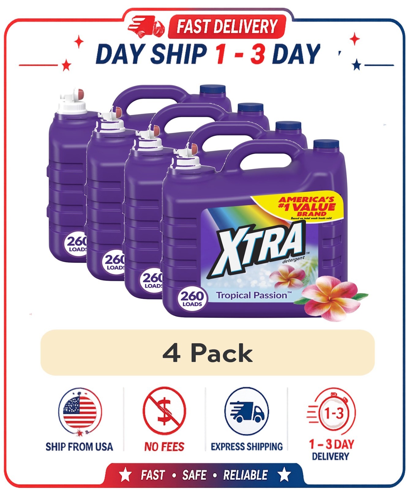 (4 pack) Xtra Tropical Passion, 260 Loads Liquid Laundry Detergent, 312 fl oz