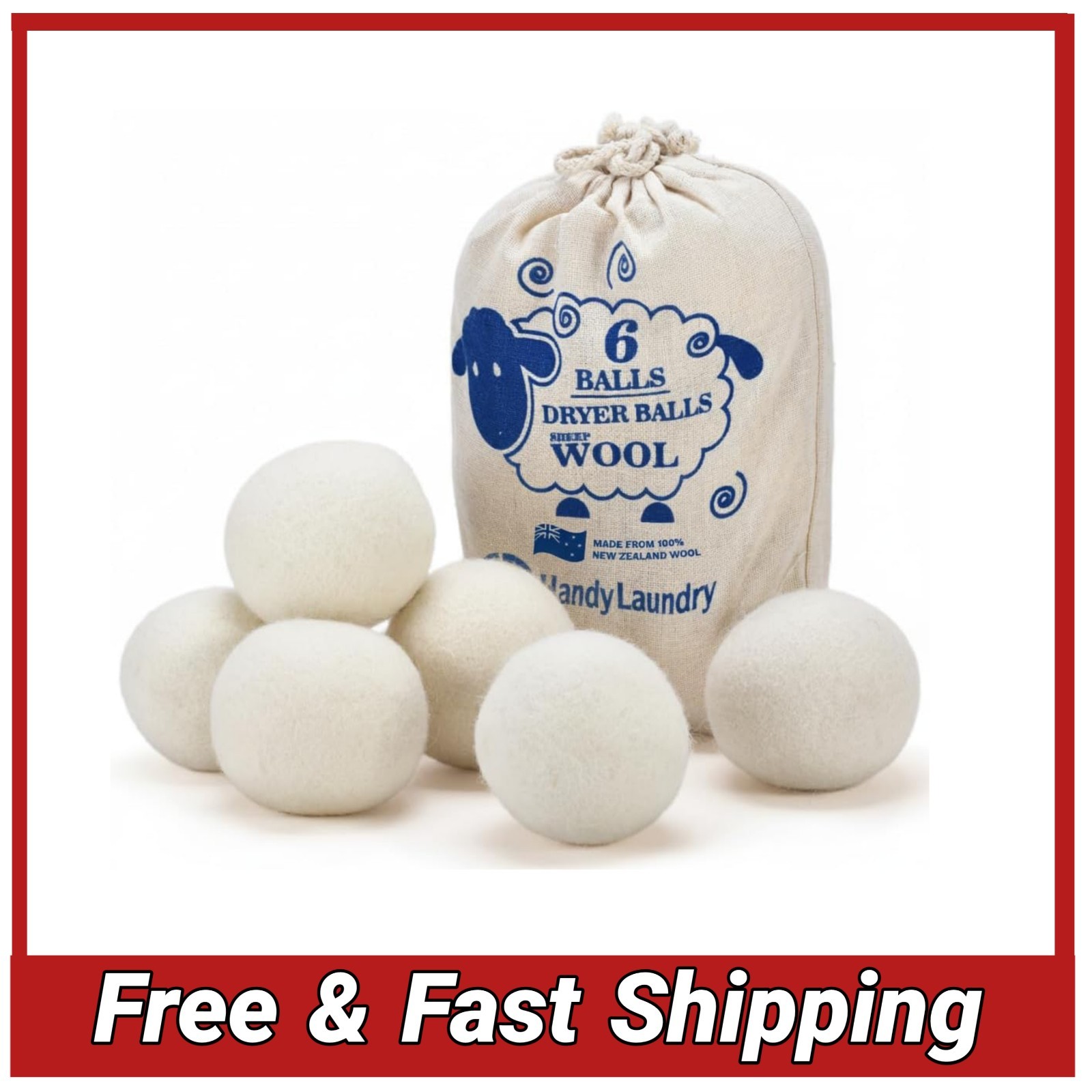 6 Pack Wool Dryer Balls Natural Fabric Softener Reusable XL 2.5″ Reduces Wrinkle