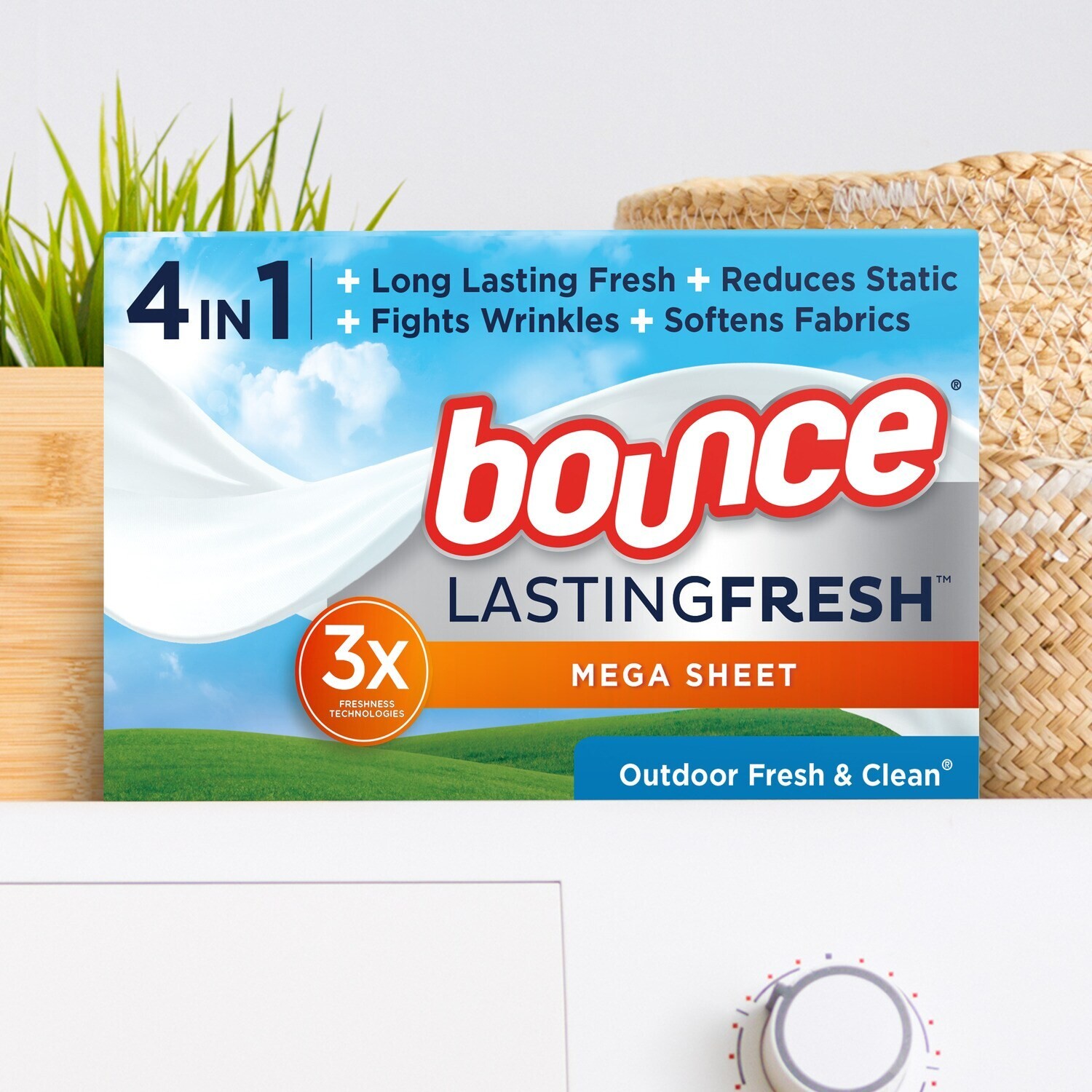BOUNCE Dryer Sheets Mega Sheet – Outdoor Fresh & Clean, 65 Count Box, 130 Count