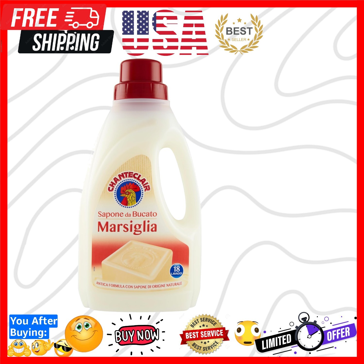Floral Scented Liquid Laundry Detergent, 1000ml, 18 Washes, Marsiglia