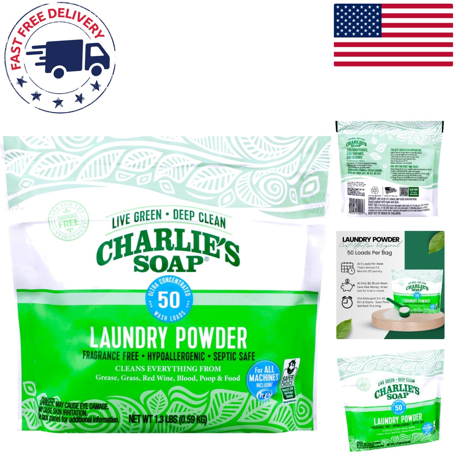 Eco-Friendly Charlie’s Soap Powder, 50 Loads, Safeguard Your Family’s Laundry