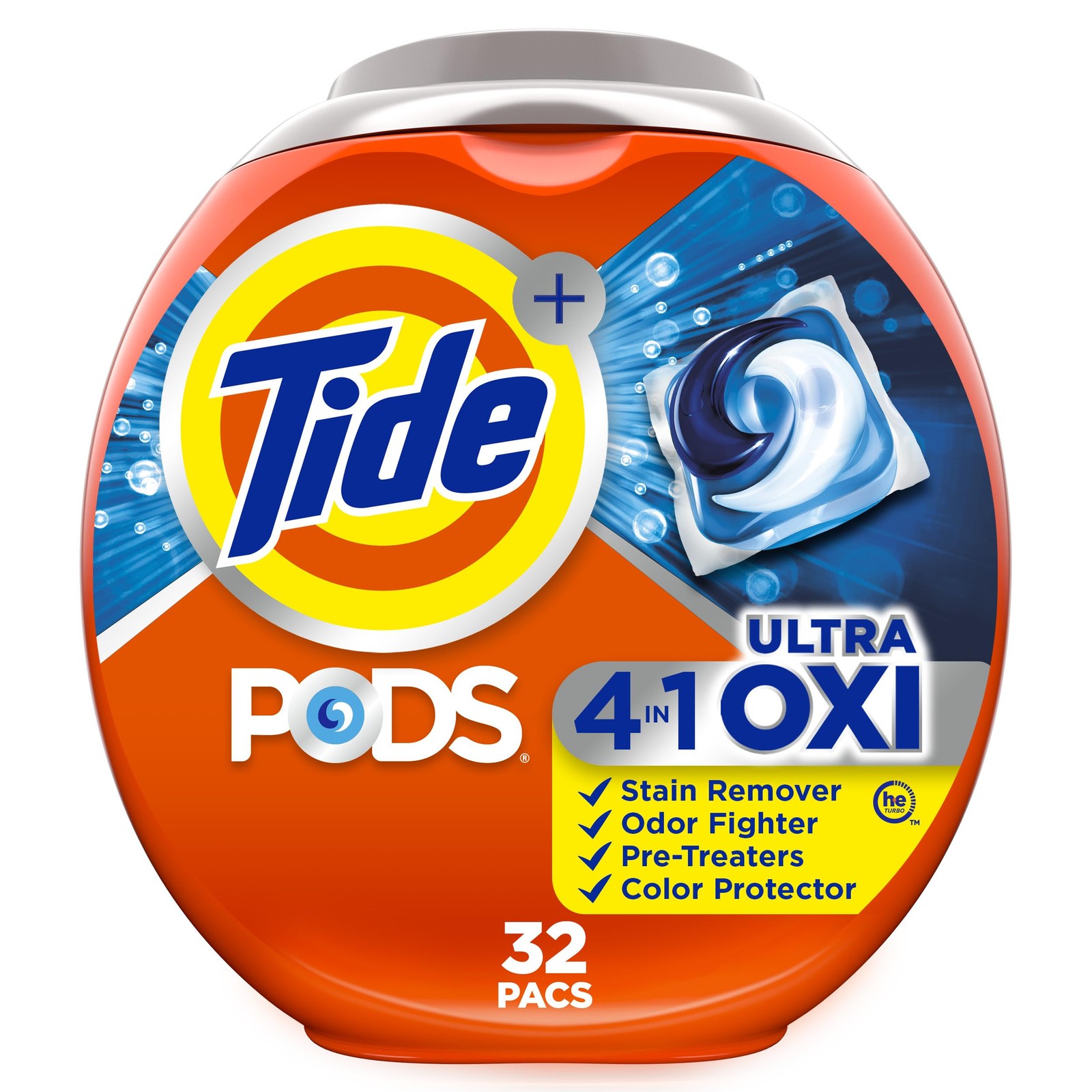 Tide, 4-n-1 Ultra Oxi Pods Laundry Detergent 32 Count (Pack of 1), Multicolor