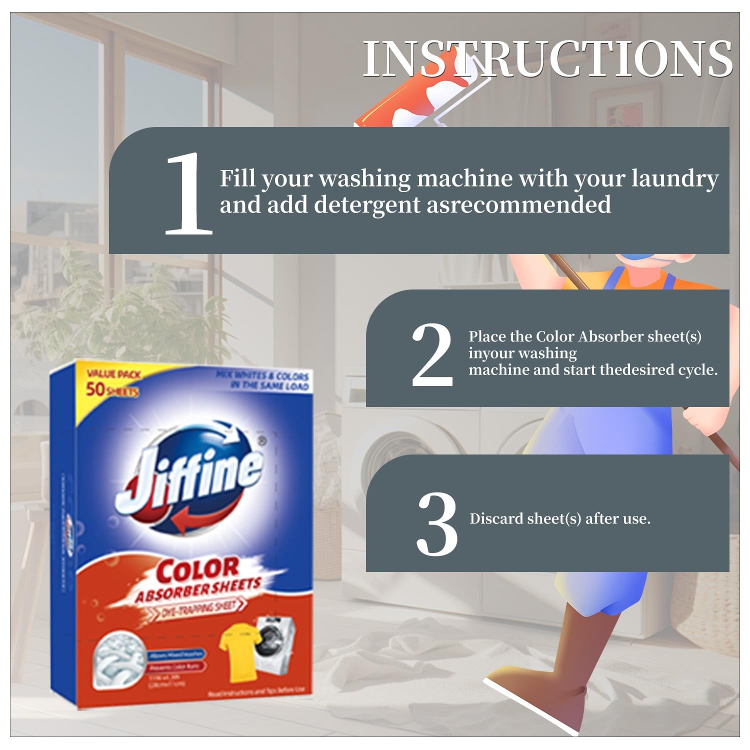 50 Count Jiffine Color Absorber Sheets for Laundry, Allow Mixed Washes,Fragrance