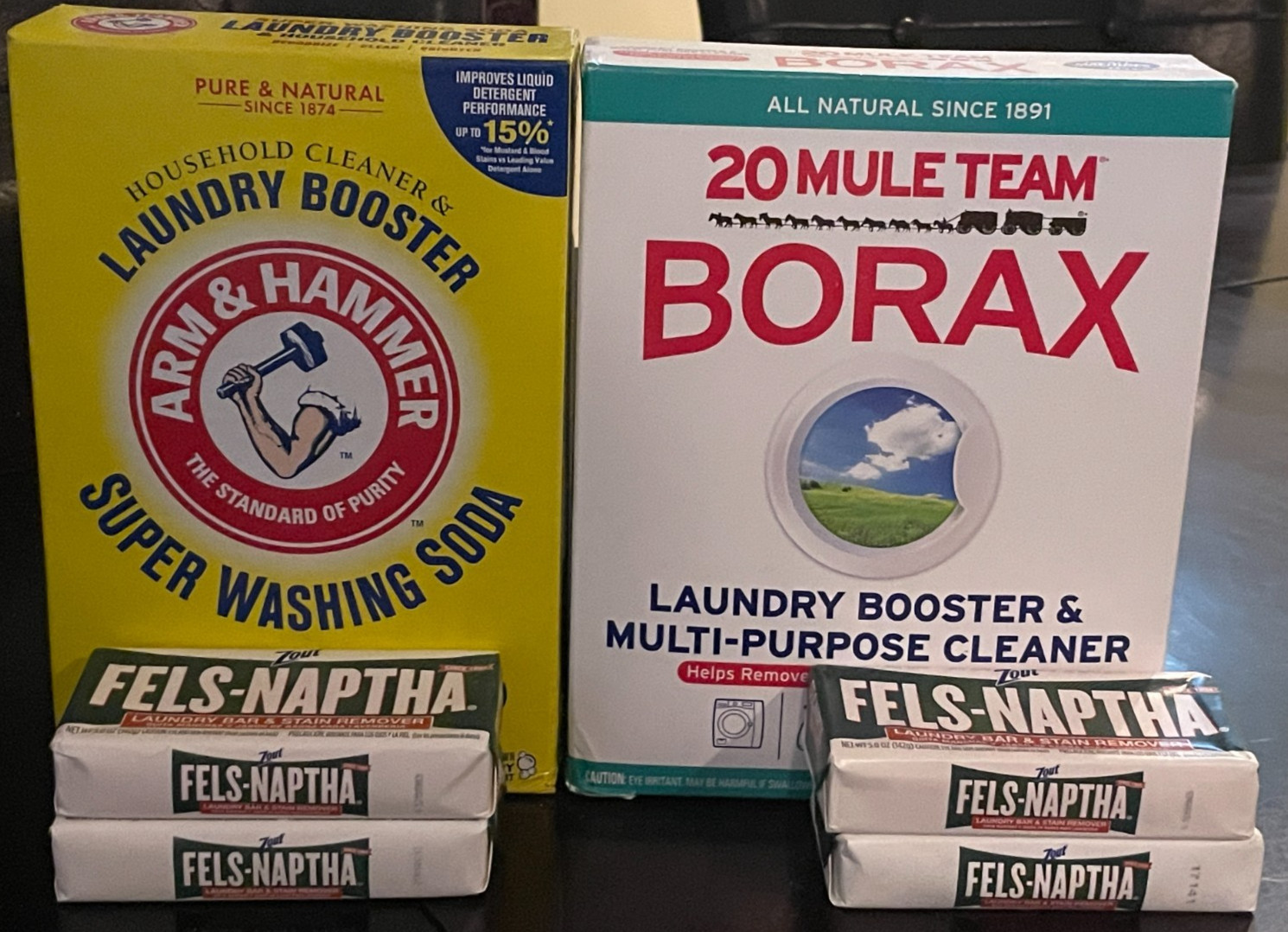 20 Mule Team Borx, Arms & Hammer Laundry Booster, and Fels Naptha