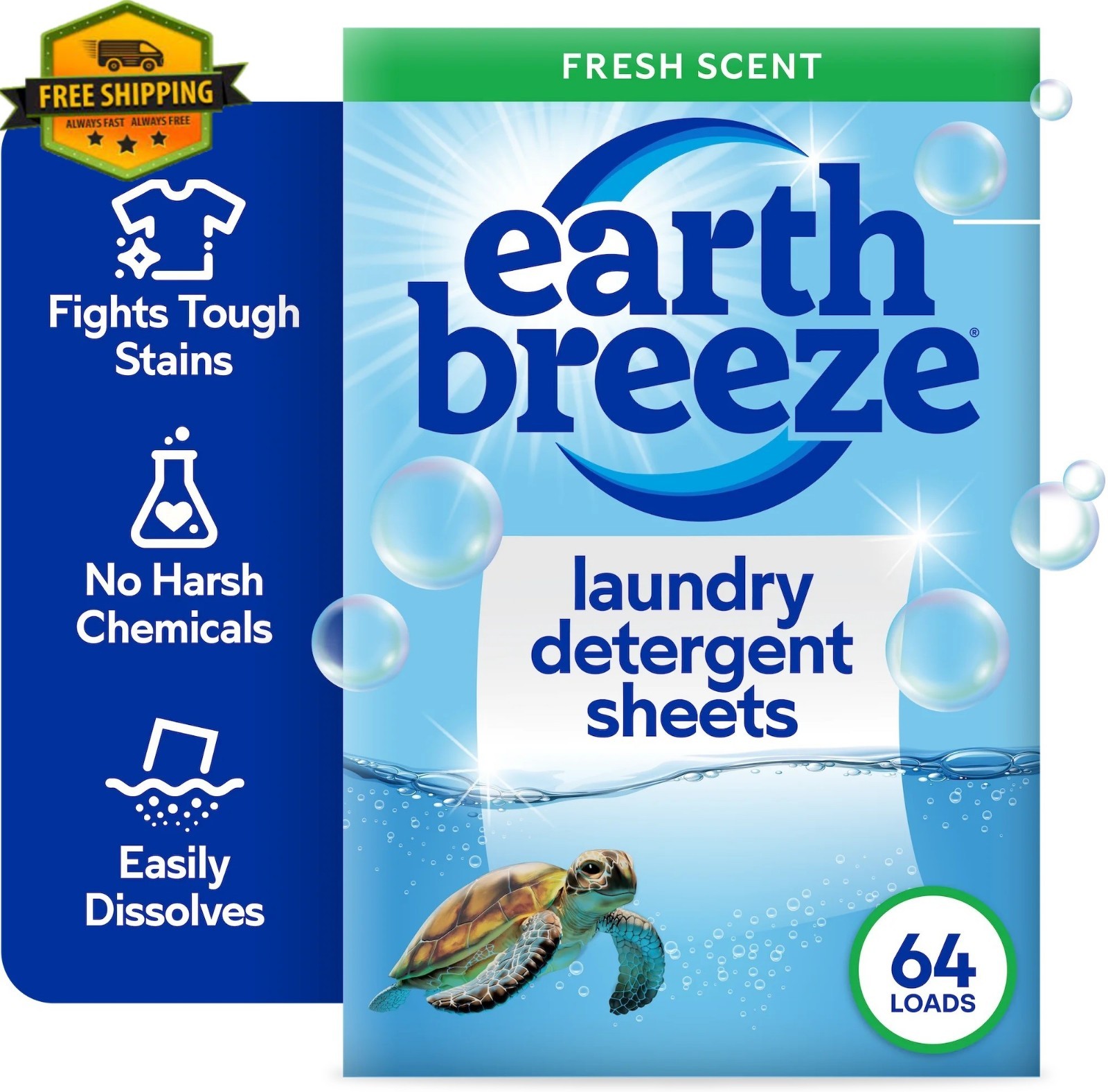 Earth Breeze Laundry Detergent Sheets, Fresh Scent, 32 Sheets, 64 Loads