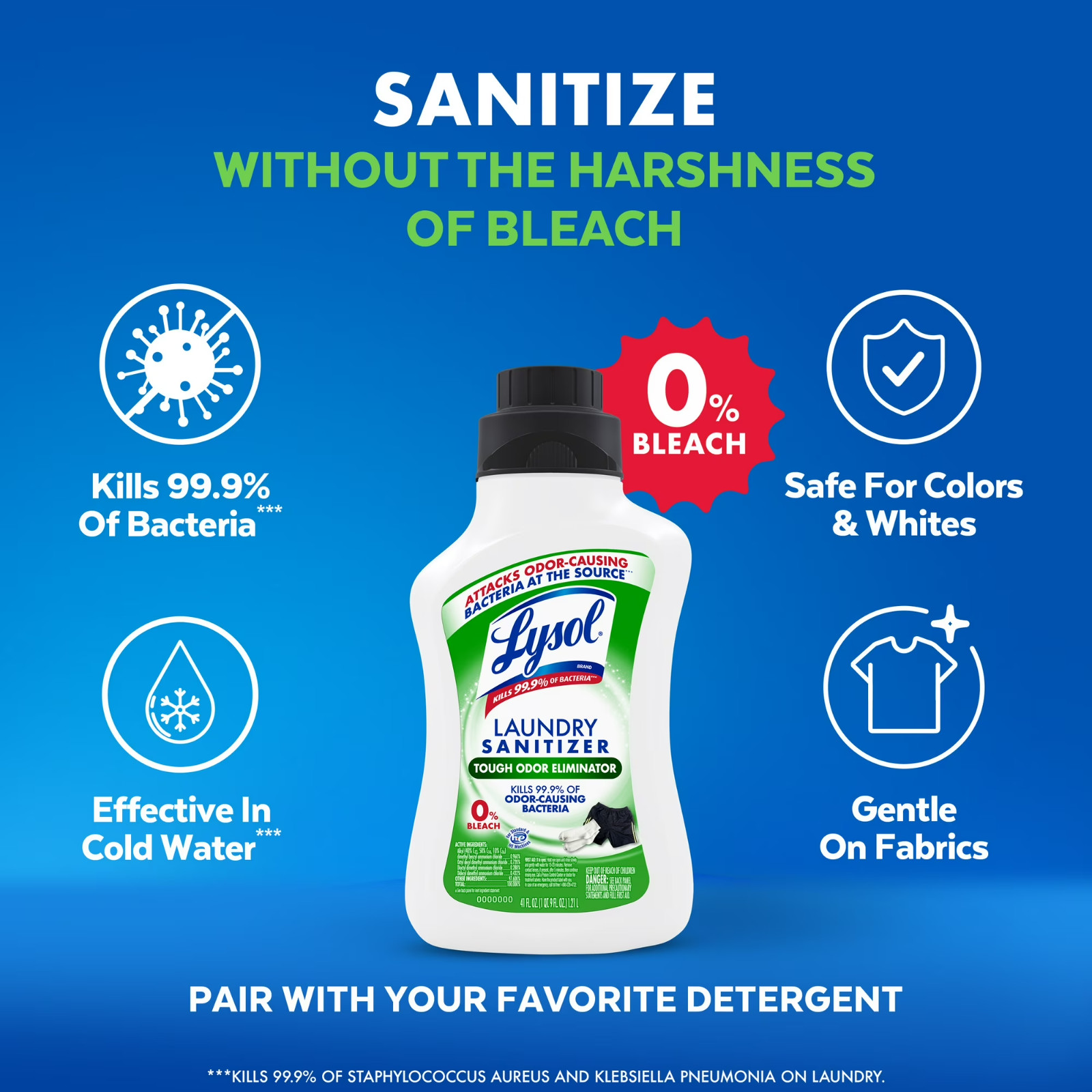 Lysol Tough Odor Eliminator Laundry Sanitizer Additive, 0% Bleach, 41 fl oz