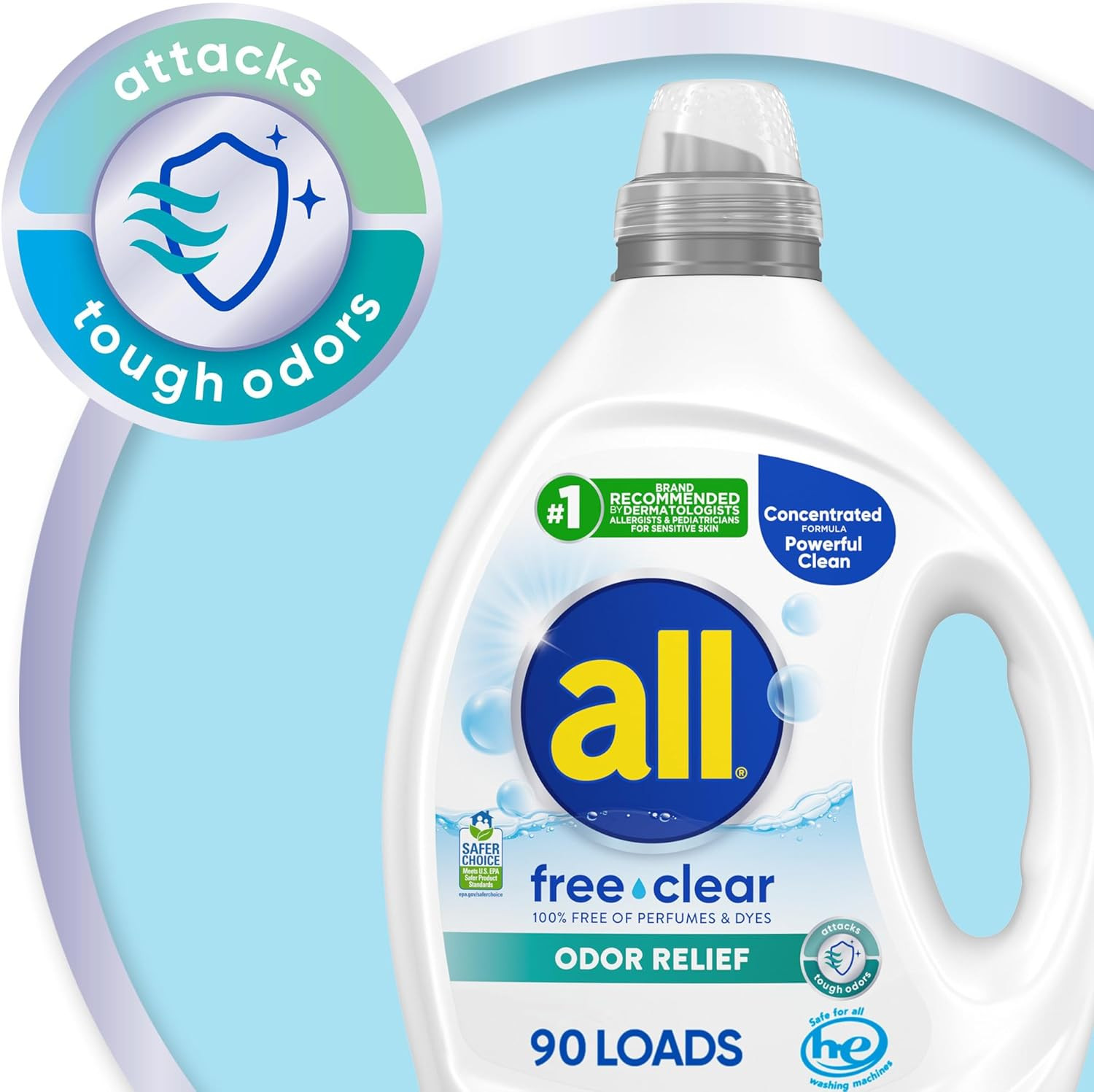 All Laundry Detergent Liquid, Free Clear for Sensitive Skin, Odor Relief, Unscen
