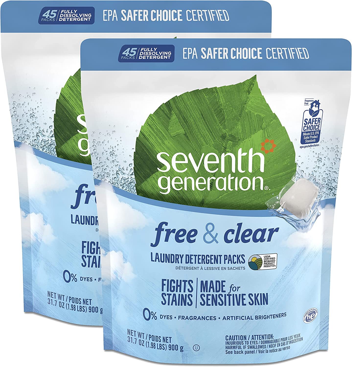 Seventh Generation Laundry Detergent Packs Fights Stains USDA Certified 2 Pack