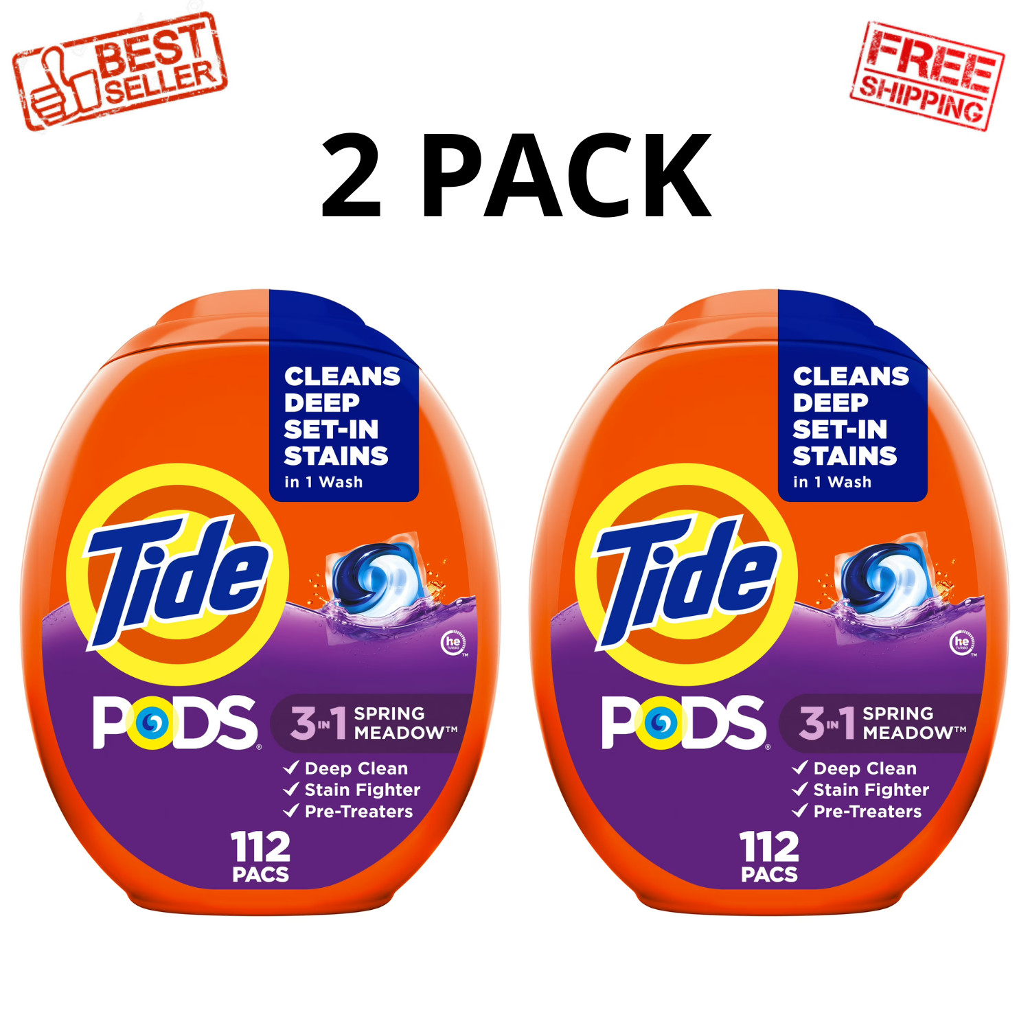Tide PODS Laundry Detergent Pacs Spring Meadow Scent 112 Ct HE 3-in-1, 2 Pack