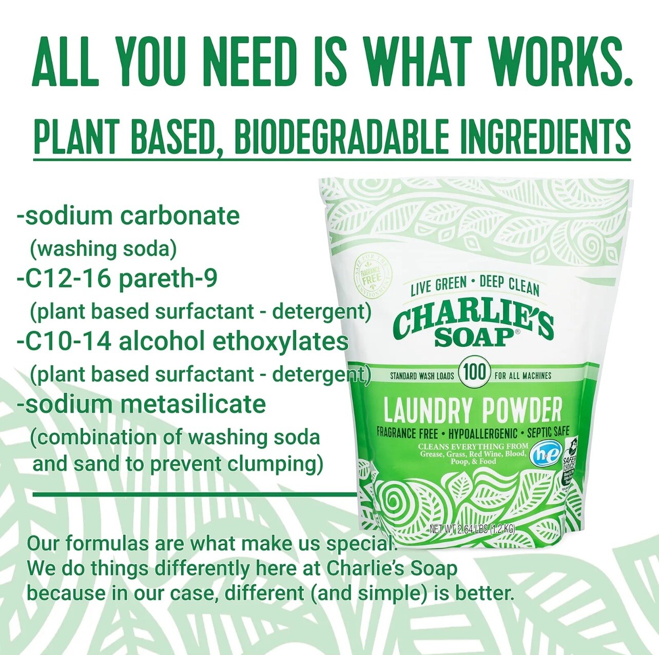 Charlies Soap Laundry Powder (100 Loads, 6 Pack) Hypoallergenic Deep Cleaning