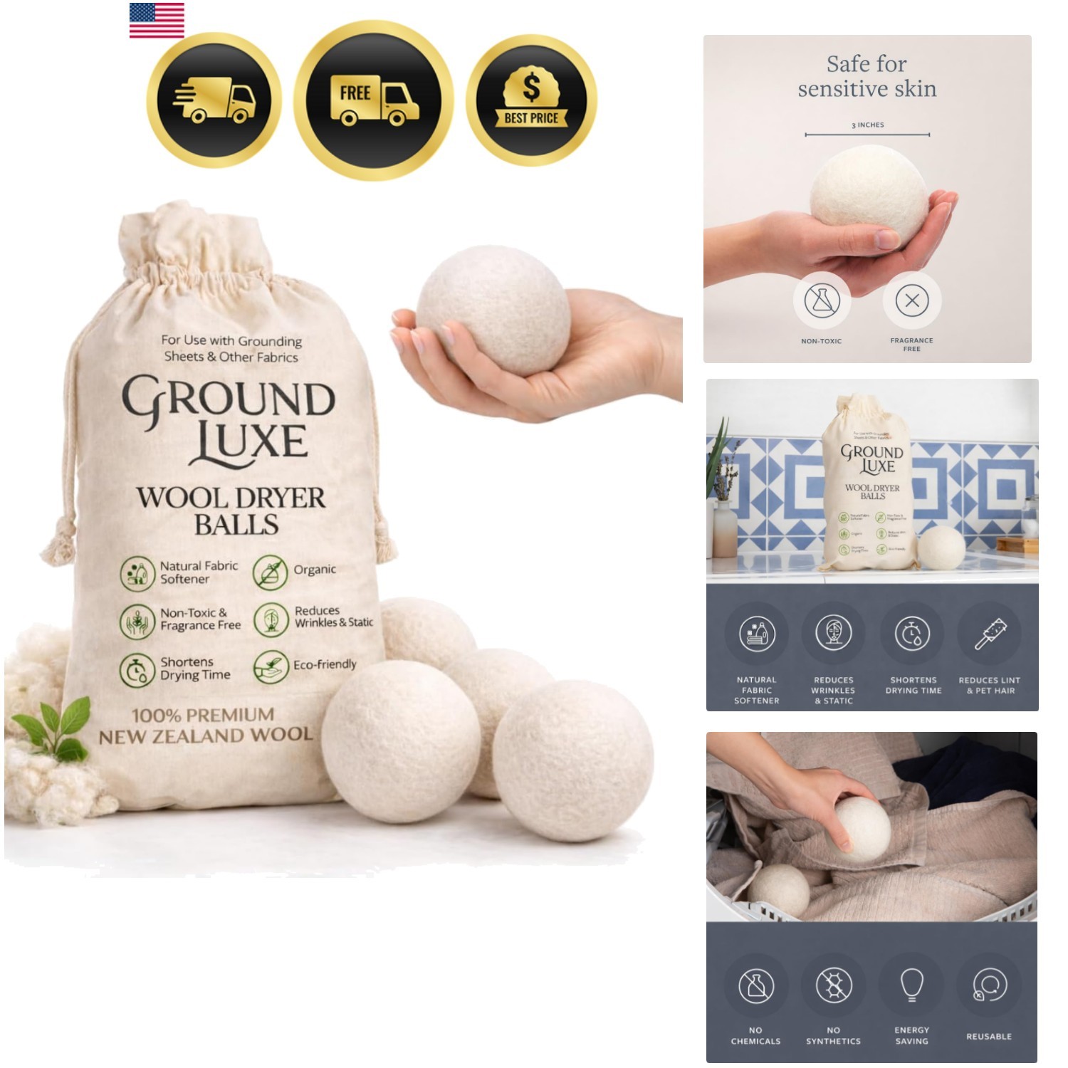New Zealand Wool Dryer Balls – 6-Pack, 100% Organic, Hand-Felted, Reusable, R…
