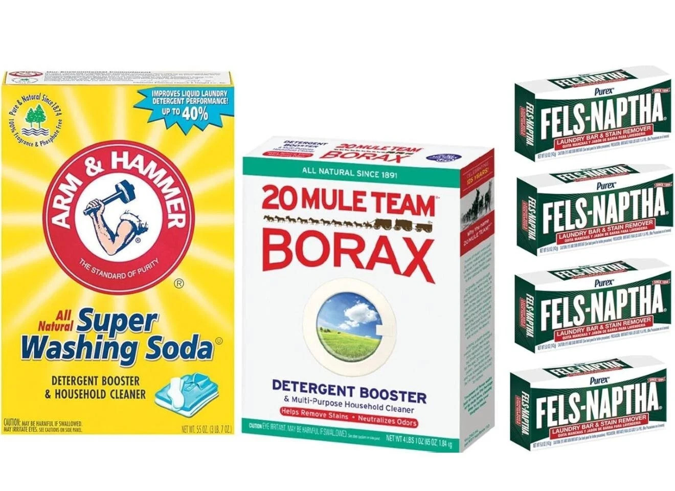 20 Mule Team Borx, Arms & Hammer Laundry Booster, and Fels Naptha
