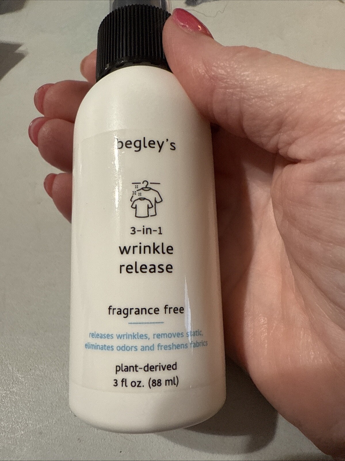 Begley’s 3-in-1 Wrinkle Release for Fabrics Fragrance Free Plant-derived 3oz