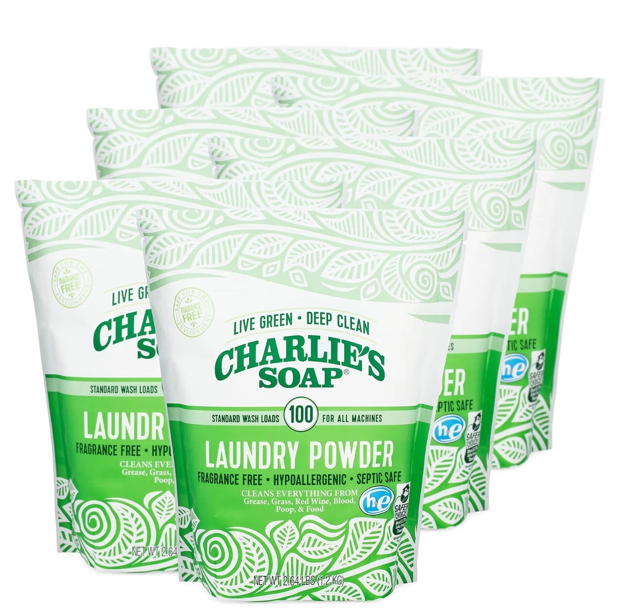 Charlies Soap Laundry Powder (100 Loads, 6 Pack) Hypoallergenic Deep Cleaning