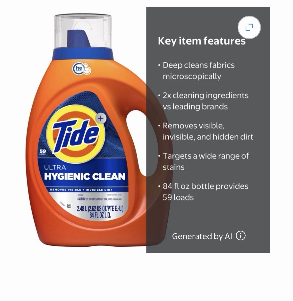 Tide Hygienic Clean Heavy 10X Duty Liquid Detergent, Original 84 fl oz 59 Loads