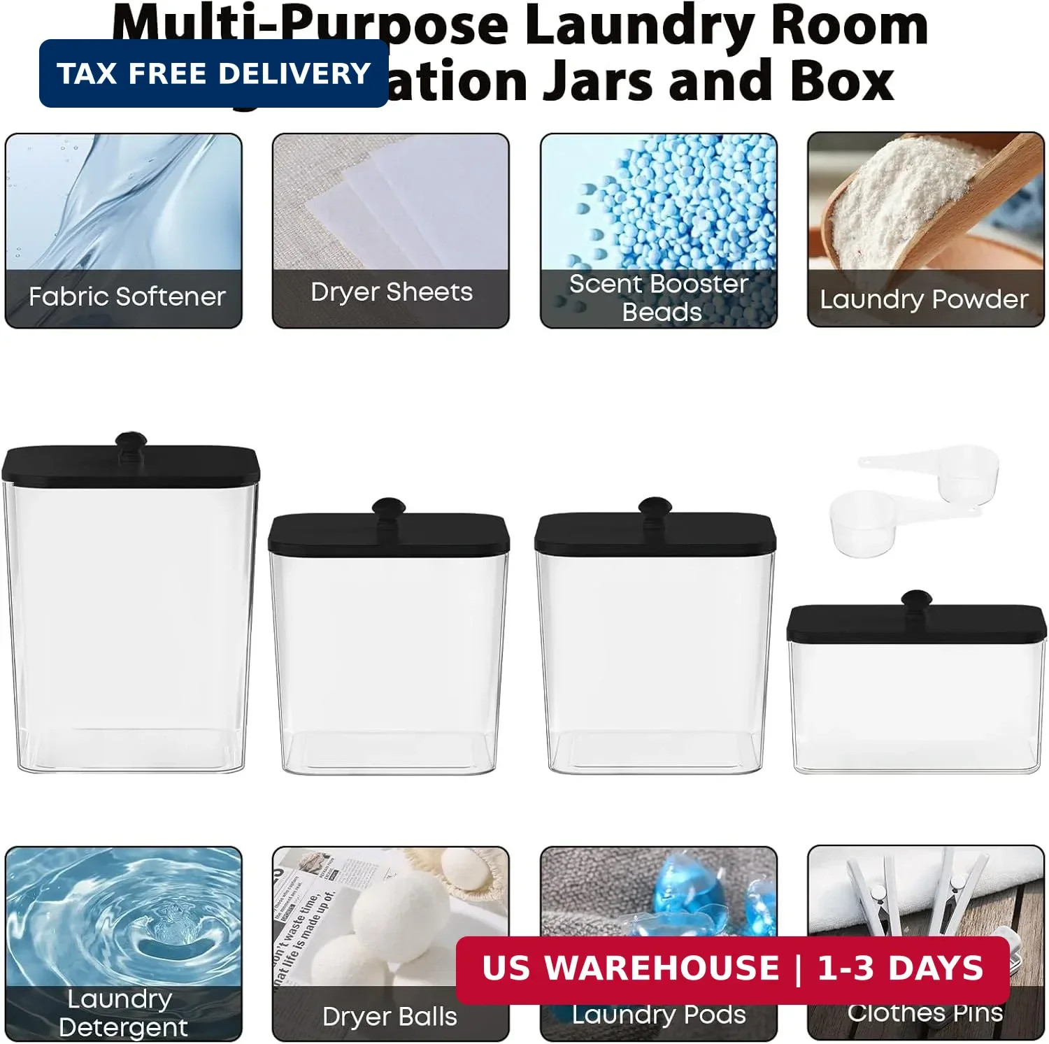 COAZEX 4 Pack Clear Laundry Pods Container & Dryer Sheet Holder, Plastic Square