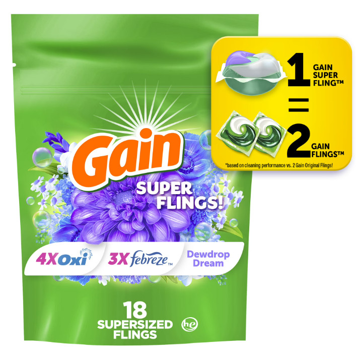 4 Bag Gain Relax Flings Laundry Detergent Packs, Dewdrop Dream Scent, 18 Ct Pk