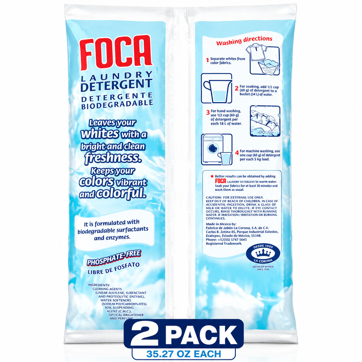 2 Pack Foca Laundry Detergent Powder 35.27 oz Each Biodegradable Phosphate Free