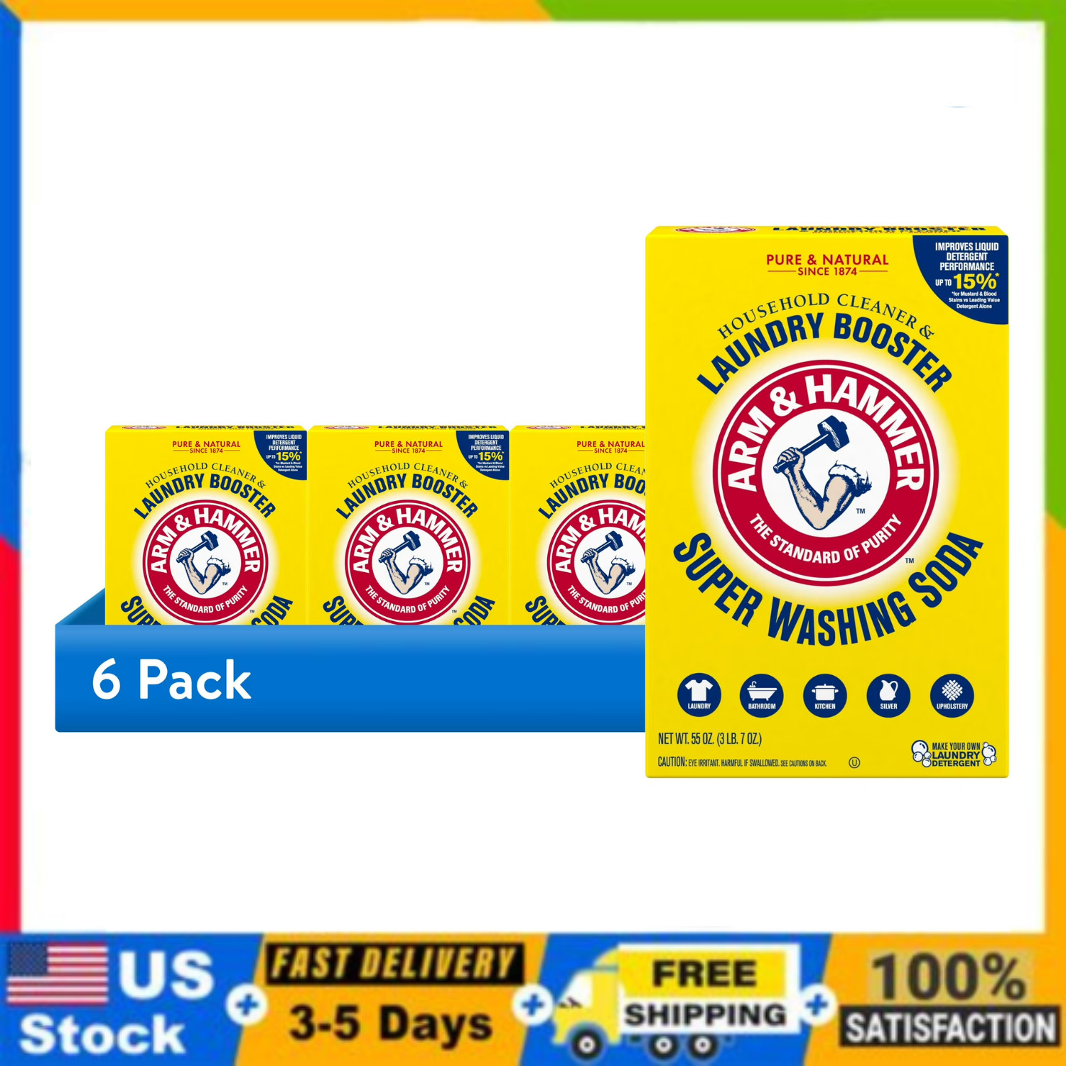 ARM & HAMMER Super Washing Soda Detergent Booster Household Cleaner 55 Oz 6 Pack