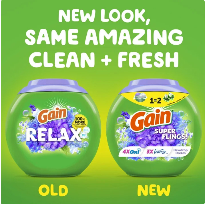4 Bag Gain Relax Flings Laundry Detergent Packs, Dewdrop Dream Scent, 18 Ct Pk