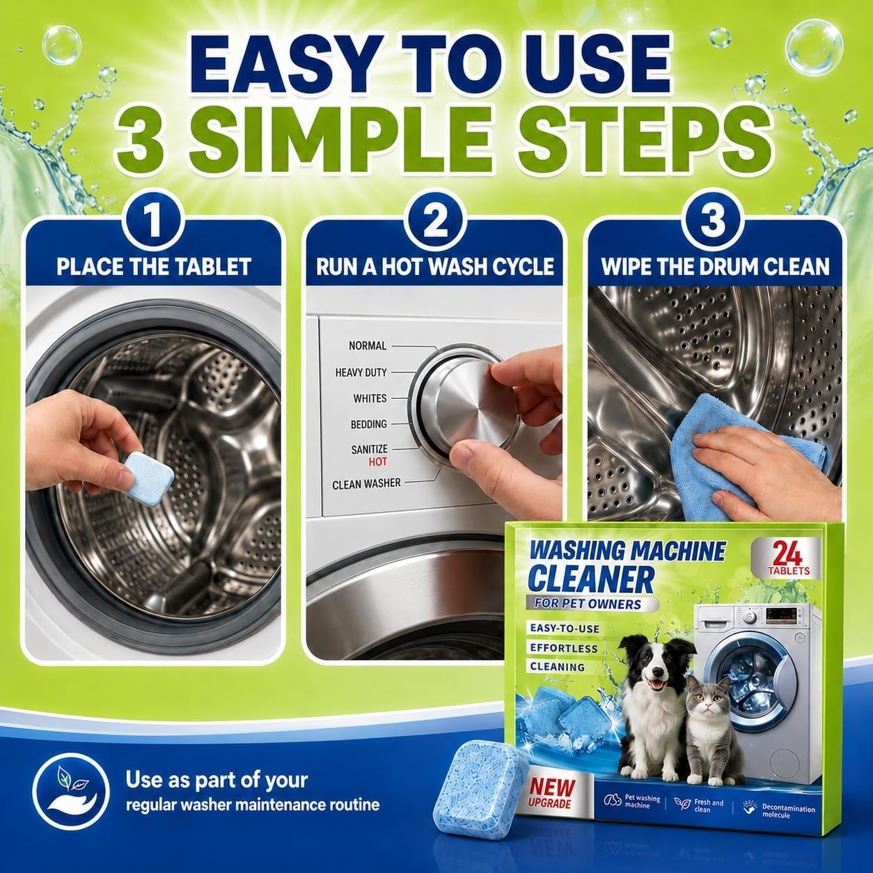 Enzyme Washing Machine Cleaner Tablets for Pet Owners, 24 Count (Pack of 1)
