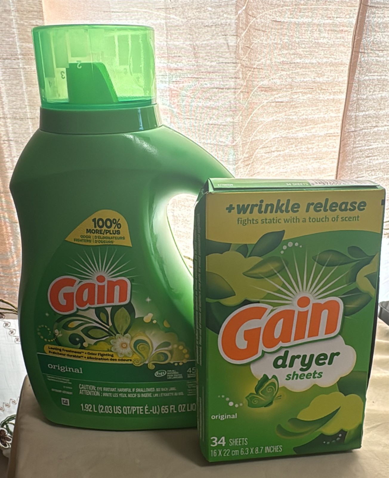 1 Gain original Liquid Laundry Detergent 65 fl. oz + 1 dryer sheets 34 count